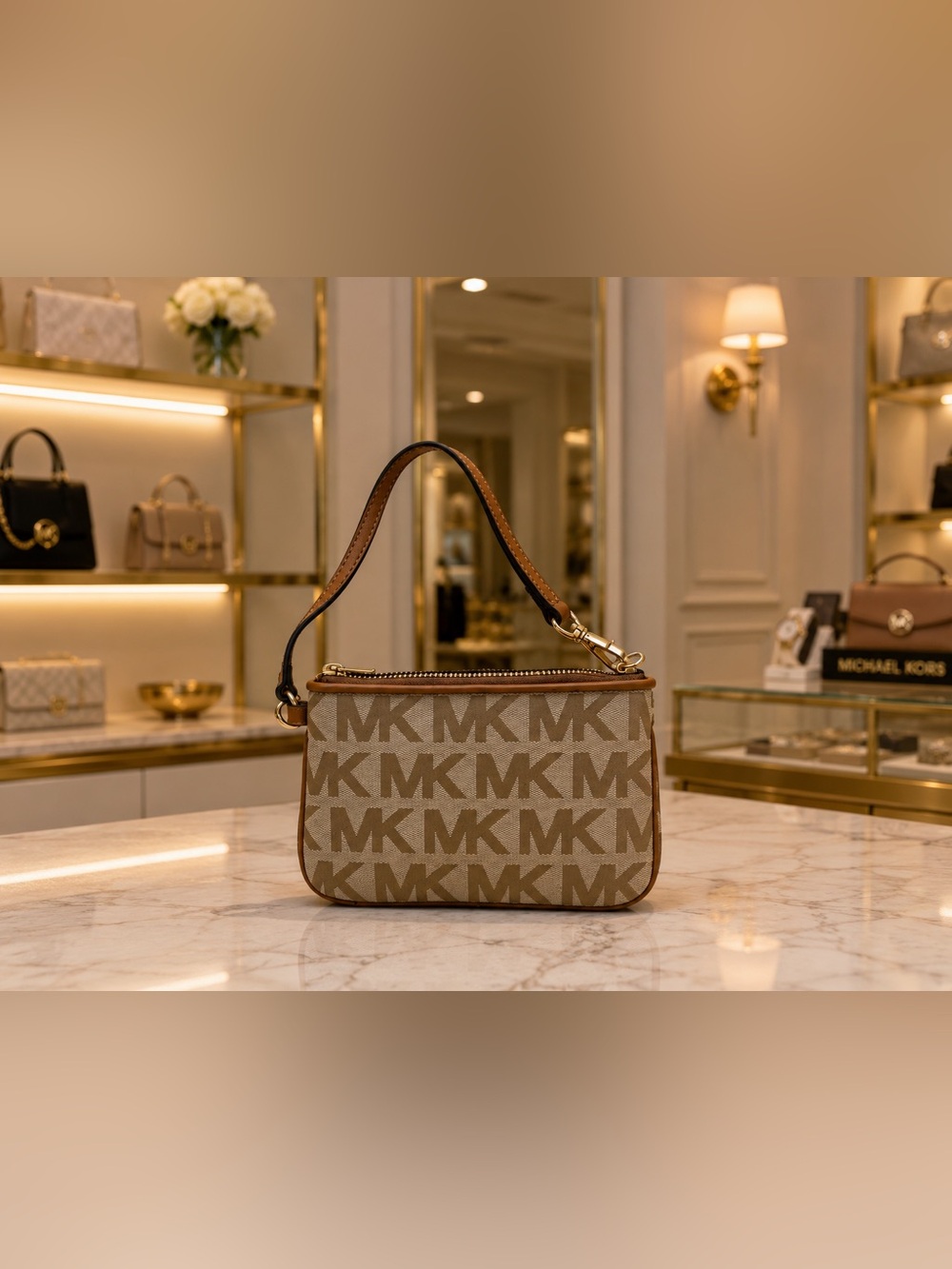 Michael Kors Beige and Brown Logo Wristlet NWOT